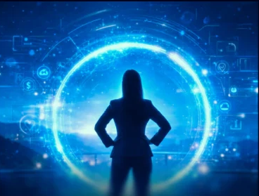 Silhueta de mulher confiante diante de um portal de luz azul
