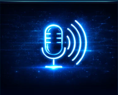 Microfone de neon azul emitindo ondas sonoras