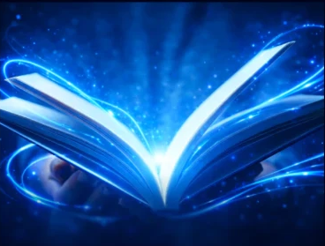 Livro aberto emitindo luz azul intensa