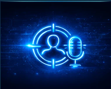 Ícone de neon azul com pessoa em mira e microfone