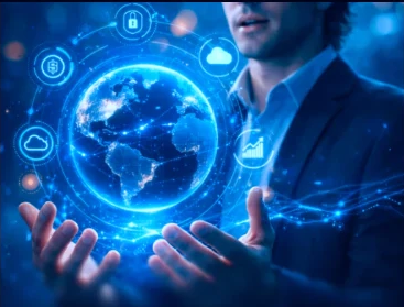 Profissional segurando um globo digital brilhante cercado de ícones de tecnologia